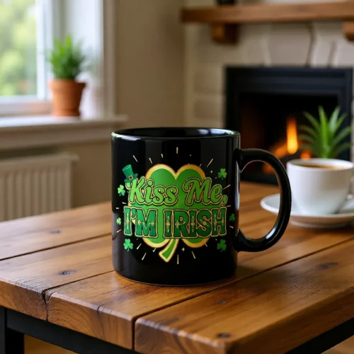 🍀 Kiss Me, I’m Irish – Lucky Shamrock Mug 11oz Ceramic Mug Ceramic Black